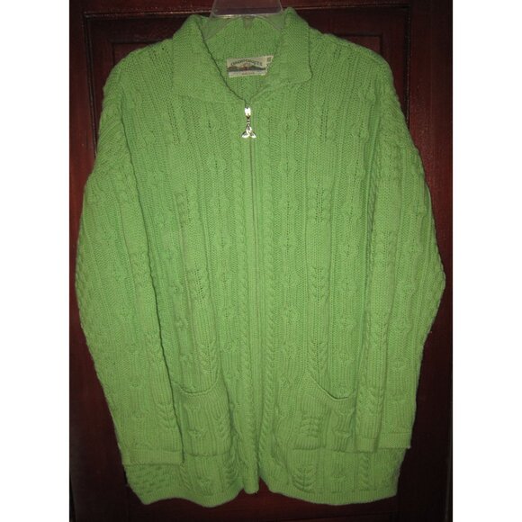 Aran Crafts Sz XXL Cardigan Sweater Cable Knit Zip Green Pockets Ireland Merino - Picture 1 of 3